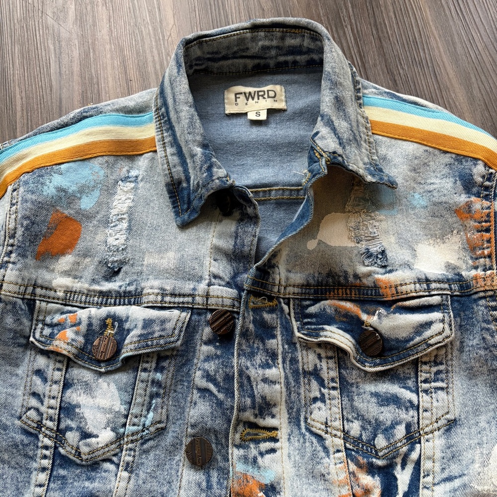 FWRD Denim Ice Blue & Gold Stripe with Paint Splatter Badass Jacket - Picture 3 of 11